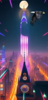 Futuristic city skyline with neon lights and a flying eagle under a full moon.