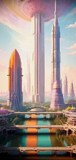 Futuristic cityscape with towering structures and vibrant colors.