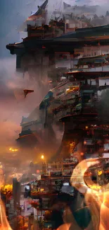 Futuristic cityscape with burning hues and complex architecture in digital art style.