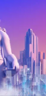 Futuristic cityscape with statue in vibrant purple and orange.