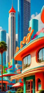 Colorful futuristic cityscape with skyscrapers and retro architecture art.
