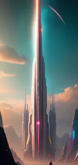 Futuristic cityscape at dusk with towering spires and vibrant night sky.