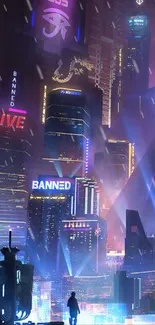 Futuristic cyberpunk cityscape with neon lights.