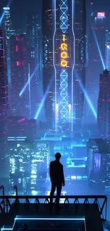 Silhouette in futuristic city with neon lights.