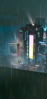 Futuristic cityscape with skyscrapers at night under rain.