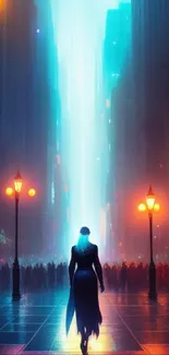 Person walking in neon-lit futuristic cityscape at night.