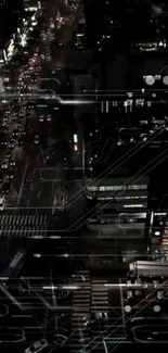 Futuristic cityscape at night with digital circuit overlay and urban lights.