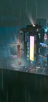 Futuristic cityscape with neon lights at night in the rain.