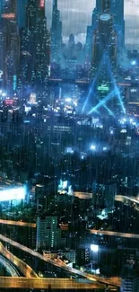 Futuristic cityscape with neon lights under rain.