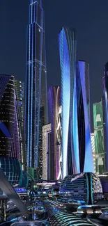 A futuristic cityscape with neon skyscrapers at night.