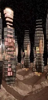 Futuristic cityscape with towering structures at night under a starry sky.