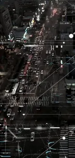 Futuristic cityscape with digital overlays and busy nighttime traffic.