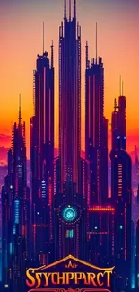 Futuristic cityscape at sunset with neon lights and tall skyscrapers.