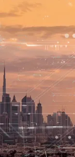 Futuristic cityscape with digital overlays during sunset, creating a modern urban vibe.