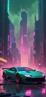 Futuristic neon cityscape with sports car.