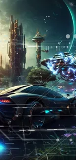 Futuristic cityscape with neon-lit car in front of towering cosmic buildings.