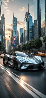 Silver supercar driving through a modern cityscape during sunset.