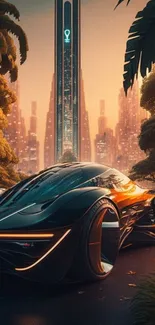 Futuristic car in glowing cityscape, perfect for mobile wallpaper.