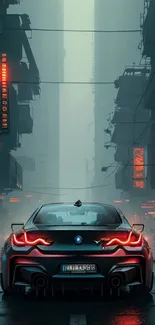 Futuristic cityscape with neon lights and a sports car at night.