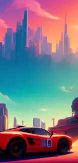 Futuristic cityscape with car under neon skyline in vibrant colors.