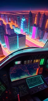 Futuristic cockpit view over neon cityscape at night.