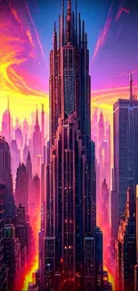 Futuristic cityscape with a sunset glow and towering skyscrapers.