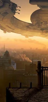 Futuristic cityscape with hovering spaceship and golden brown skies.