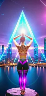 Person doing yoga on a cliff with a neon-lit futuristic city and sky.