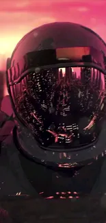 Futuristic helmet reflecting cityscape with pink hues.