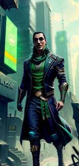 Futuristic hero in vibrant cityscape with green and blue hues.