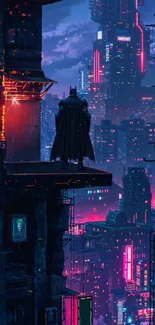 Dark hero overlooks futuristic neon cityscape from a rooftop.