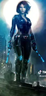 Heroine in futuristic blue cityscape with glowing night sky.