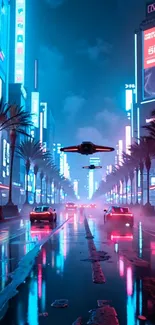 Futuristic cityscape with neon lights and hovering vehicles at night.