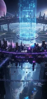 Futuristic city with neon lights and a cosmic background