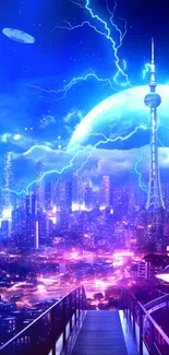 Futuristic cityscape with lightning under a glowing blue sky at night.