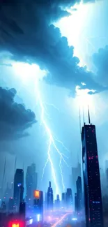 Futuristic city skyline with lightning in a dramatic night scene.