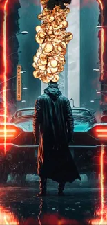 Futuristic cityscape with neon lights, a car, and a figure.