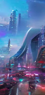 Futuristic cityscape with neon lights and tall skyscrapers in dynamic hues.