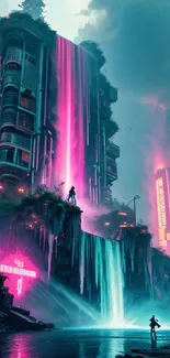 Futuristic cityscape with neon lights and cyberpunk architecture in vibrant colors.