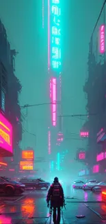 Futuristic cityscape with neon lights and cyberpunk aesthetic.