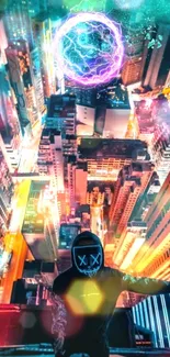 Futuristic cityscape with neon lights and mysterious figure.