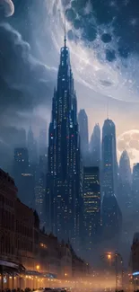 Futuristic cityscape with skyscrapers under a cosmic night sky.