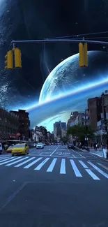 Futuristic city street with planets in a dark blue night sky.