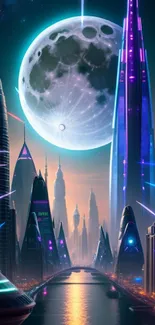 Futuristic cityscape with neon lights and a large, glowing moon.