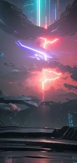 Futuristic cityscape with neon lights at night.