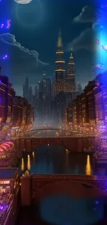 Futuristic night cityscape with glowing neon lights.