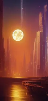 Futuristic cityscape with orange hues and a glowing moon in the night sky.