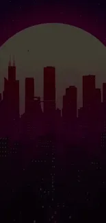 Futuristic urban skyline with a dark purple sky in the background.