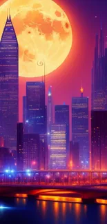 Futuristic cityscape wallpaper with an orange moon and vibrant night skyline.