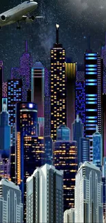 Futuristic cityscape with bright skyscrapers at night and an airplane above.